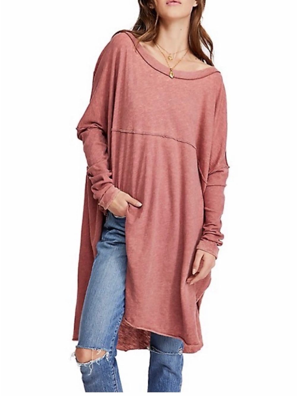 Free People Oversized Long Sleeve Tunic Top Size XS Orange Boho